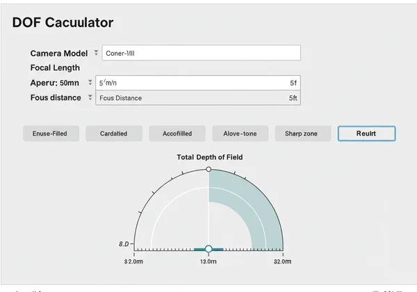 Screenshot of a DOF calculator showing camera settings
