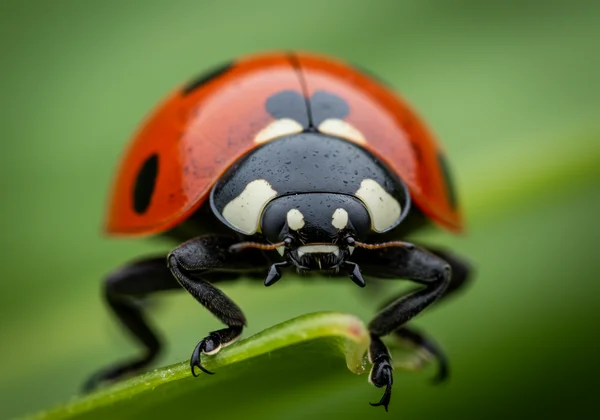 Pin-sharp macro portrait of a ladybug on a green leaf