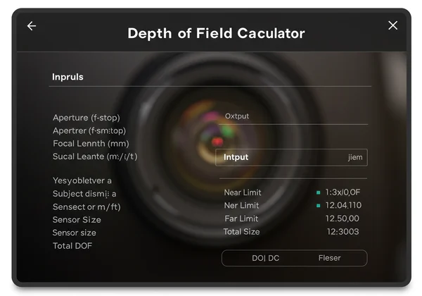 Depth of field calculator interface for planning shots