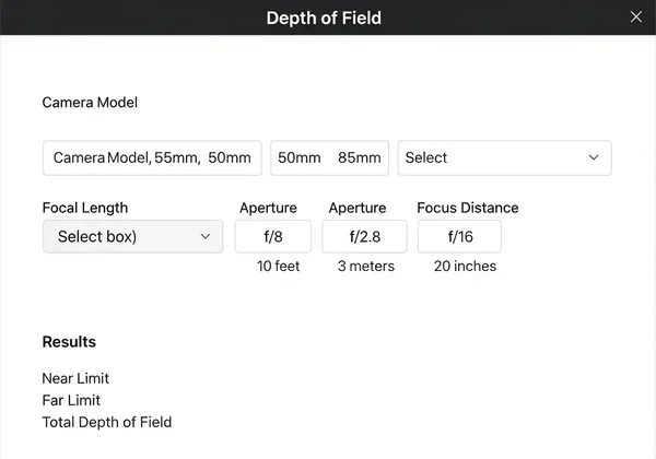 Screenshot of a DOF calculator showing inputs and results.