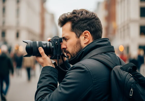 Street photographer using a wide-angle lens in action.