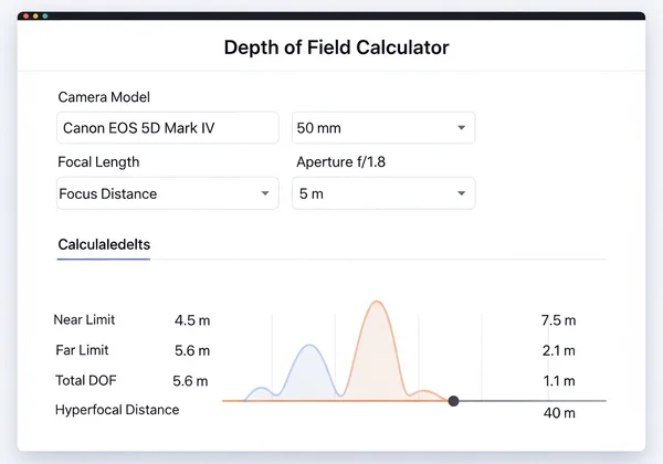 DOF calculator interface showing settings and results