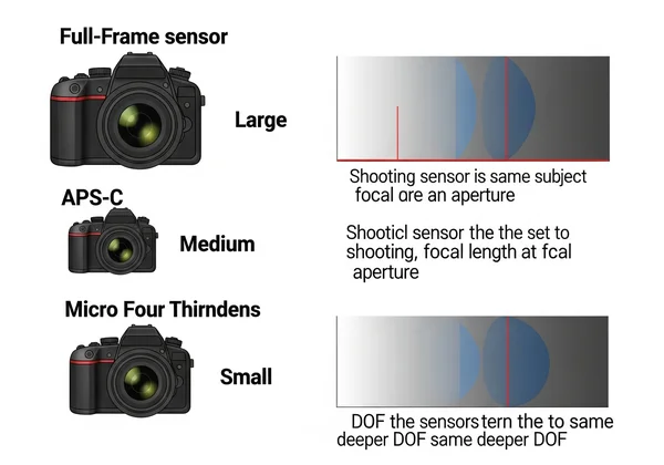 Full-Frame, APS-C, and Micro Four Thirds, with illustrative DOF effects.