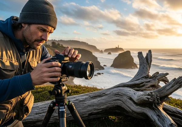 Photographer capturing focus-stacked image outdoors